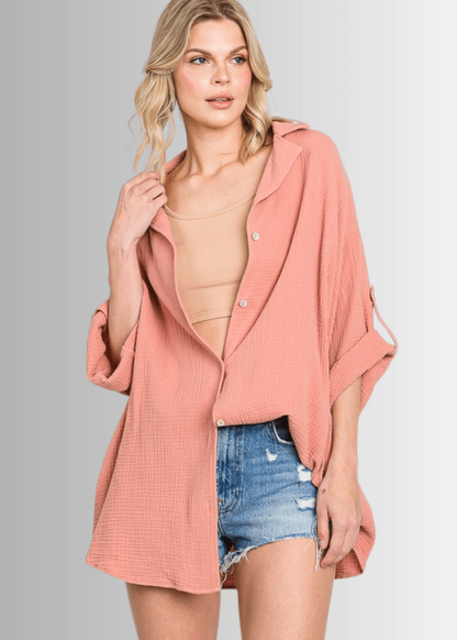 Rachel Slouchy Cotton Gauze Button Down Top