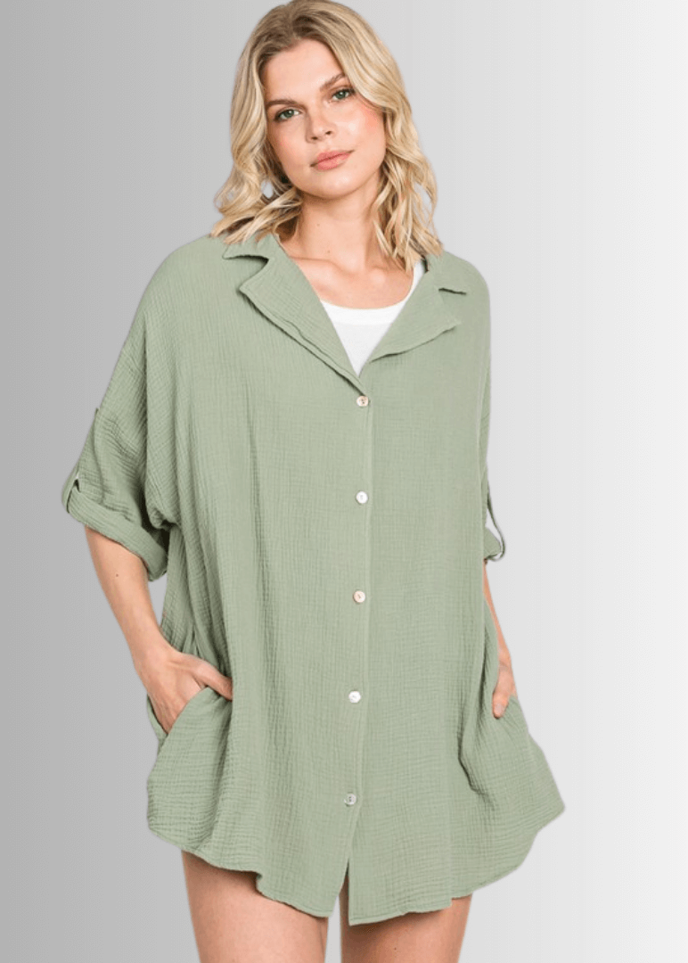 Rachel Slouchy Cotton Gauze Button Down Top
