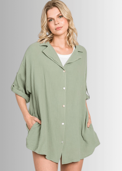 Rachel Slouchy Cotton Gauze Button Down Top
