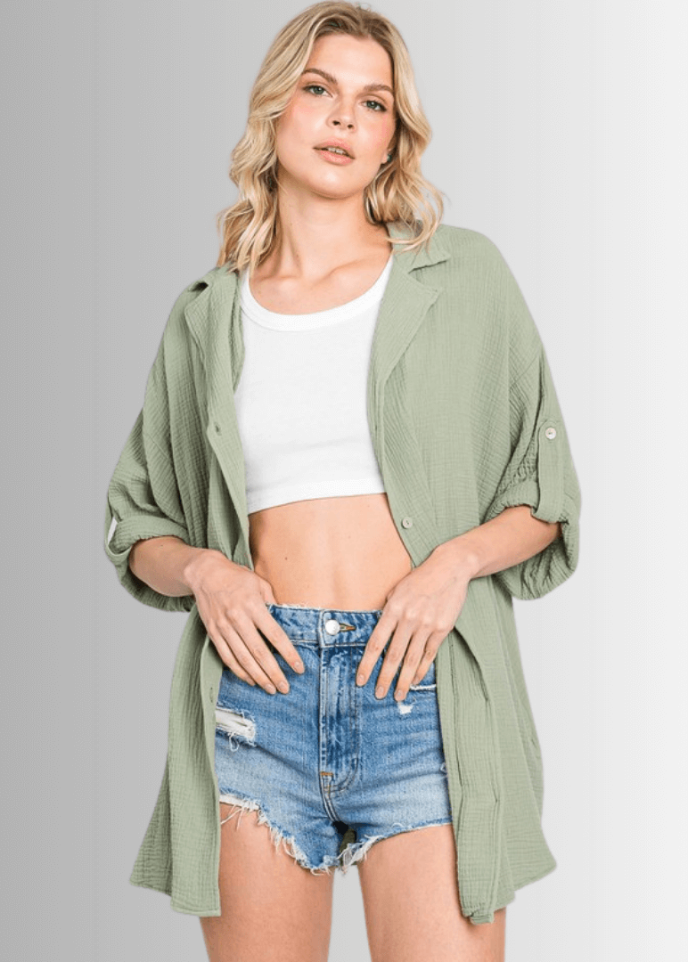 Rachel Slouchy Cotton Gauze Button Down Top