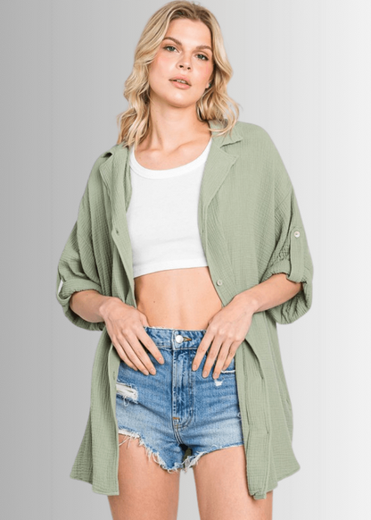 Rachel Slouchy Cotton Gauze Button Down Top