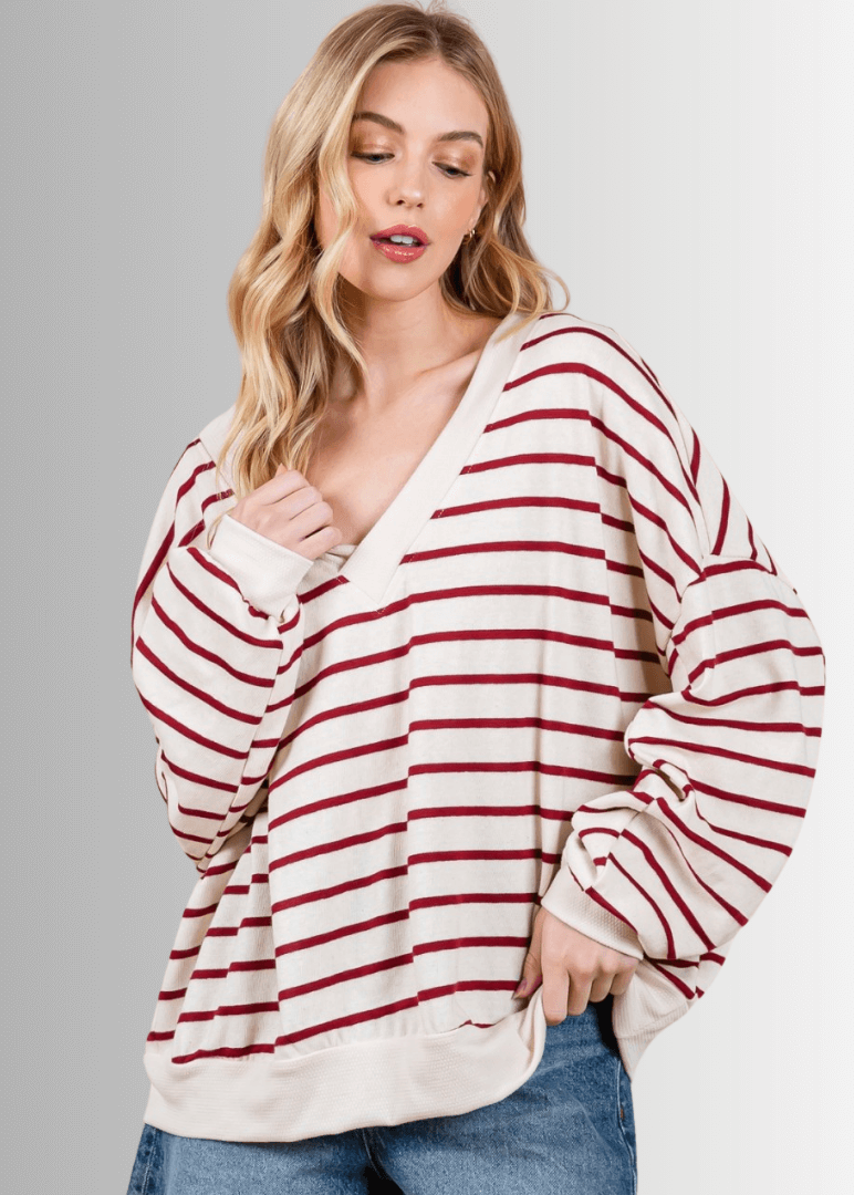 Crimson & Cream Striped Double V-Neck Top - CLEARANCE FINAL SALE