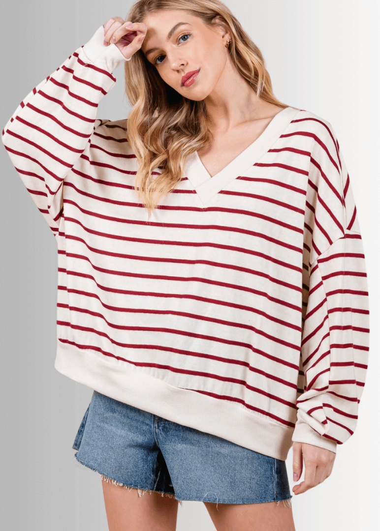 Crimson & Cream Striped Double V-Neck Top - CLEARANCE FINAL SALE