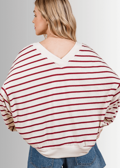 Crimson & Cream Striped Double V-Neck Top - CLEARANCE FINAL SALE