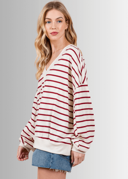 Crimson & Cream Striped Double V-Neck Top - CLEARANCE FINAL SALE