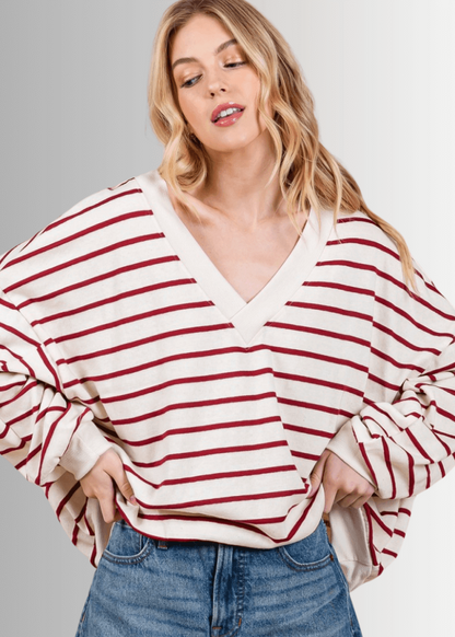 Crimson & Cream Striped Double V-Neck Top - CLEARANCE FINAL SALE