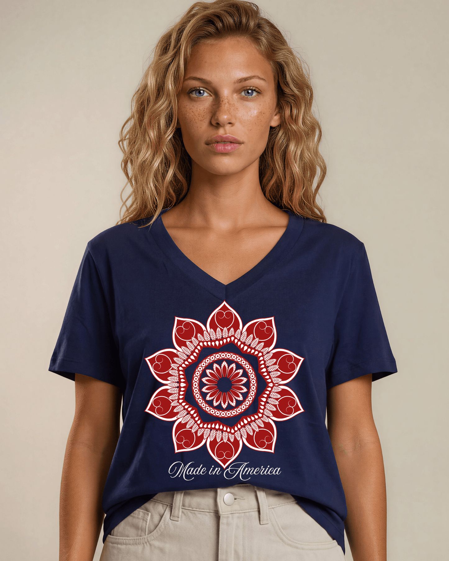 Red Mandala with "Made in America" Patriotic Graphic Cotton T-Shirt