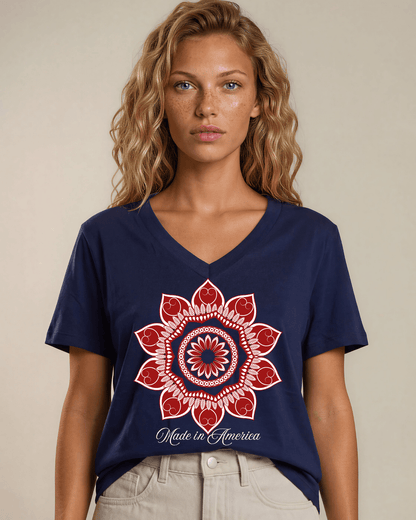 Red Mandala with "Made in America" Patriotic Graphic Cotton T-Shirt