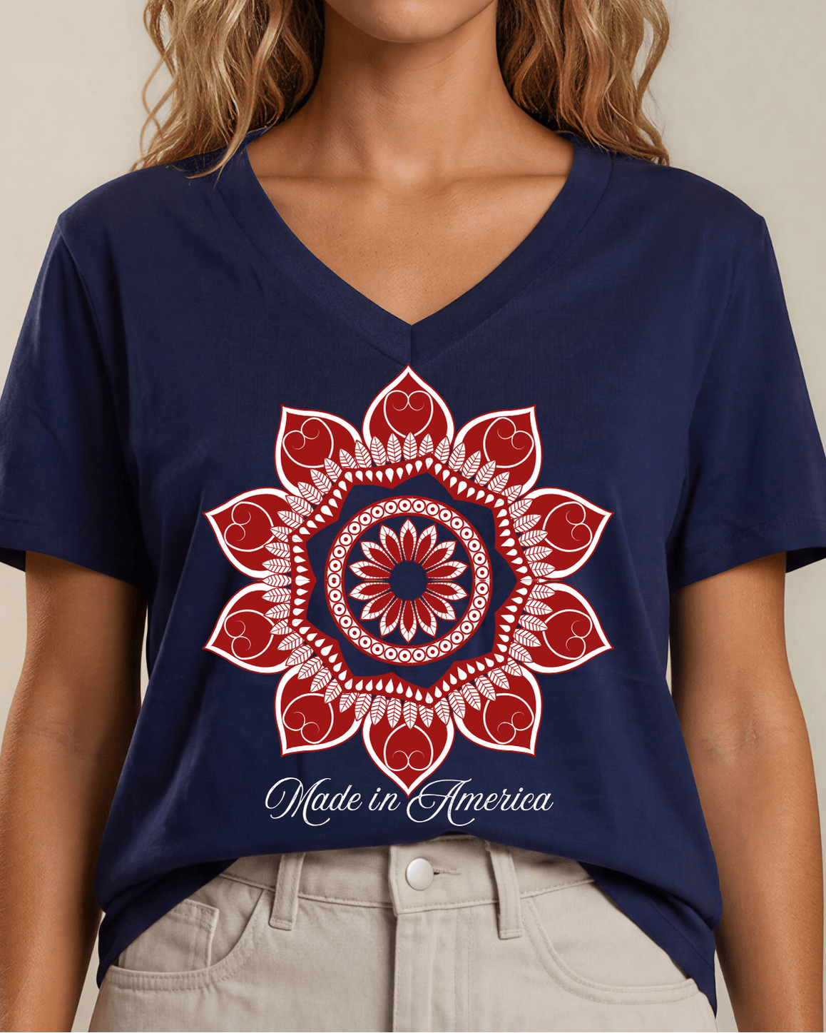 Red Mandala with "Made in America" Patriotic Graphic Cotton T-Shirt