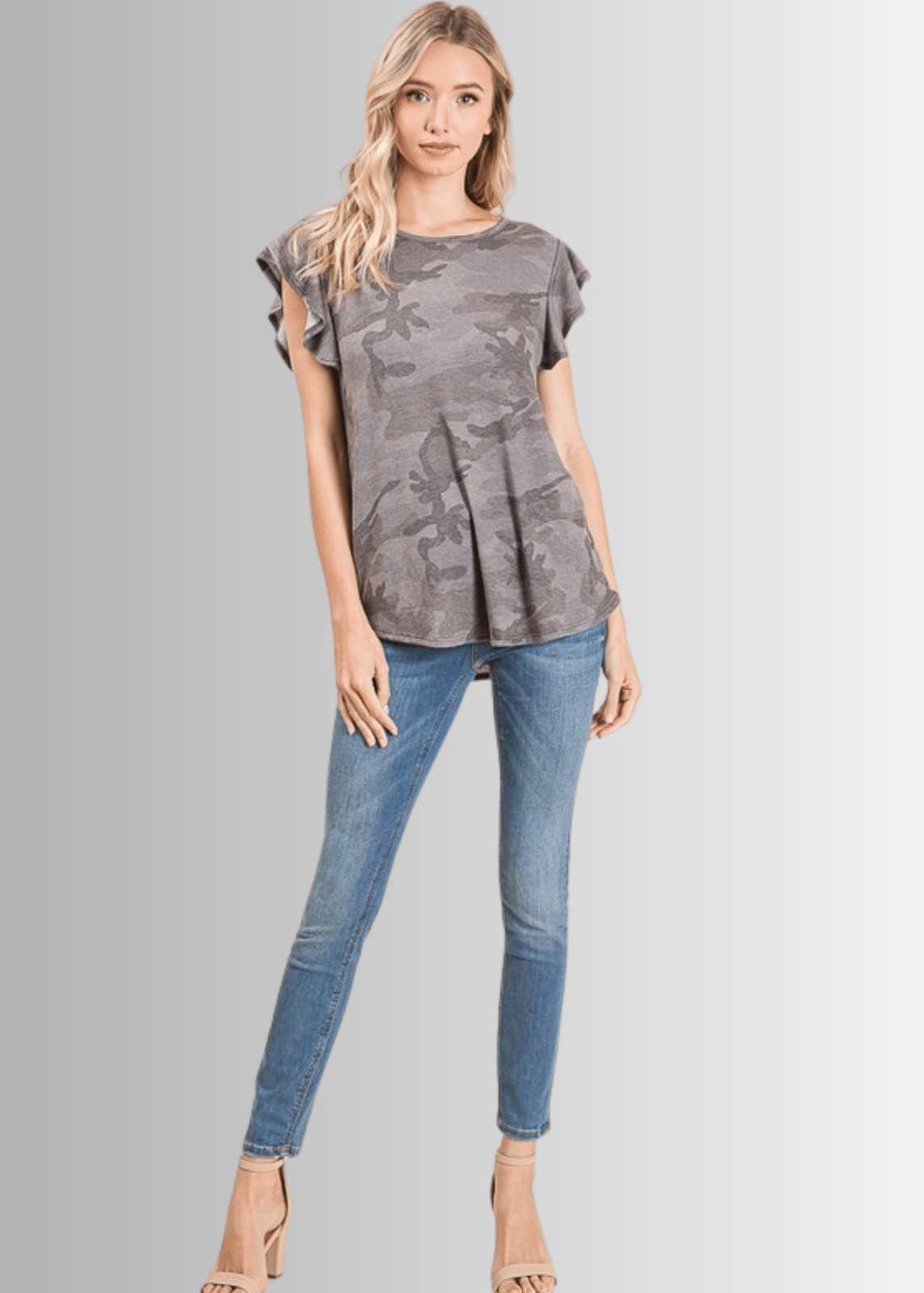 Cute Grey Camo Ruffled Cap Sleeve Top