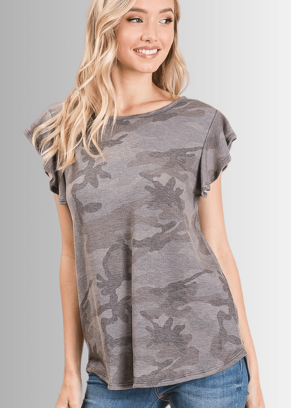 Cute Grey Camo Ruffled Cap Sleeve Top