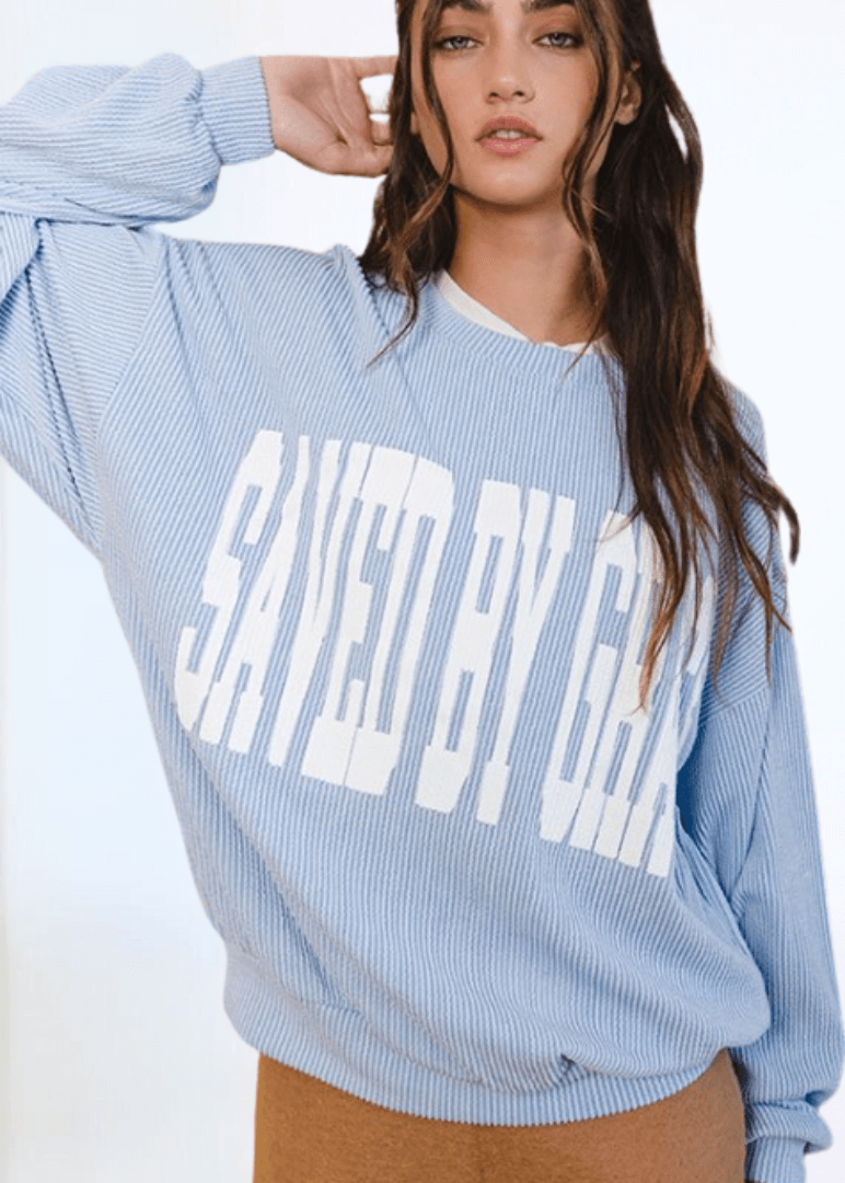 Graphic "SAVED BY GRACE" Oversized Sweatshirt Made in USA