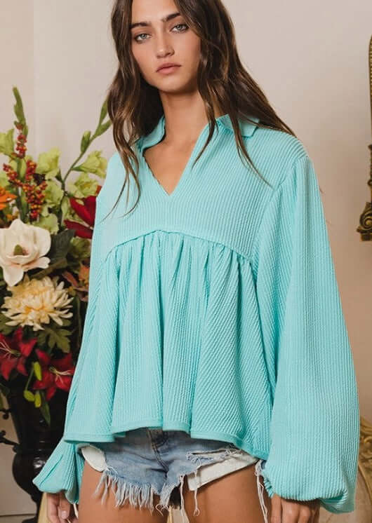 Any Time Soft Textured Bubble Sleeve Top CLEARANCE FINAL SALE