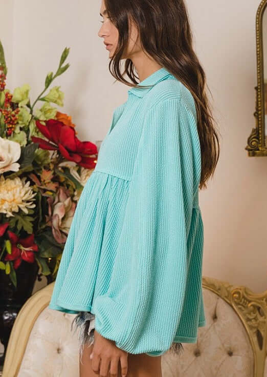 Any Time Soft Textured Bubble Sleeve Top CLEARANCE FINAL SALE