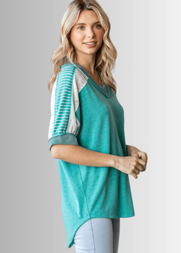 Jenna Mixed Fabric V-Neck Top