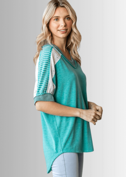 Jenna Mixed Fabric V-Neck Top