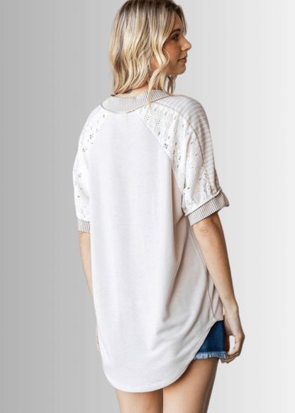 Jenna Mixed Fabric V-Neck Top
