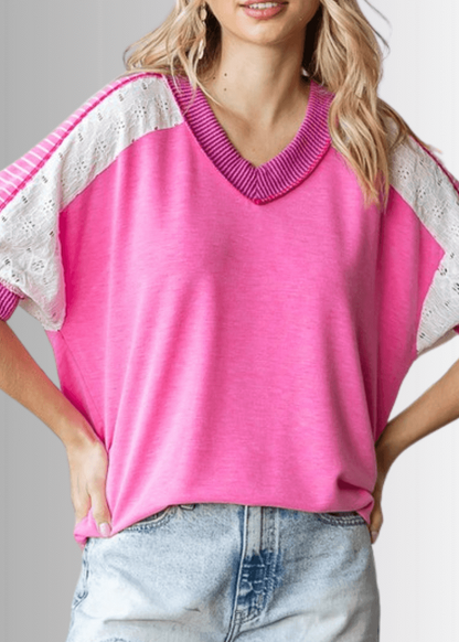 Jenna Mixed Fabric V-Neck Top