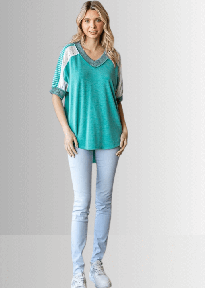 Jenna Mixed Fabric V-Neck Top