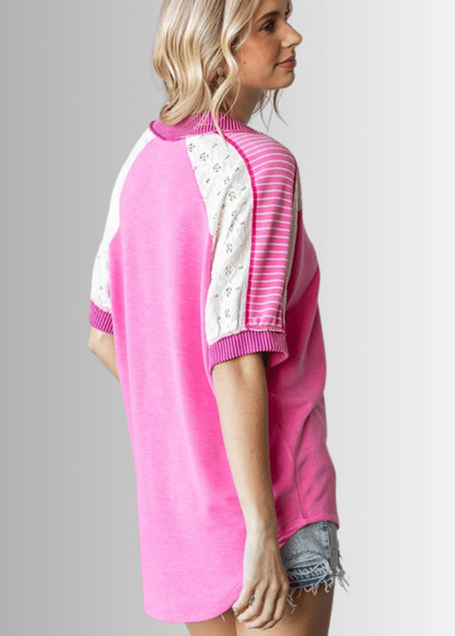 Jenna Mixed Fabric V-Neck Top