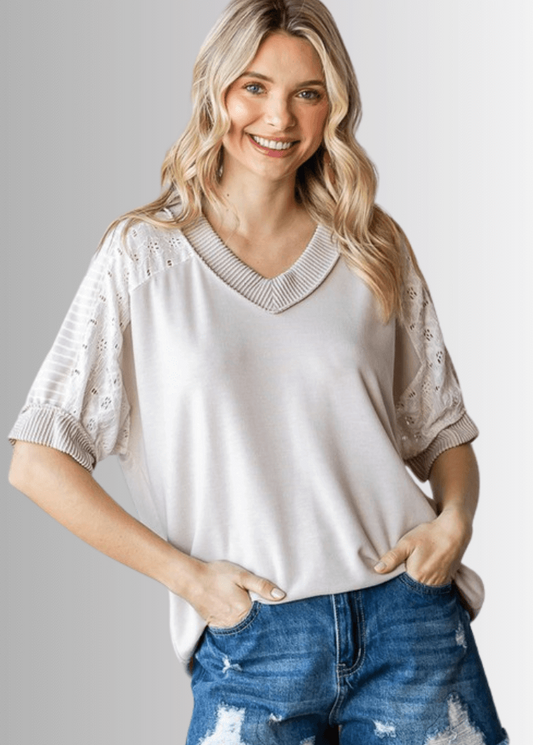 Jenna Mixed Fabric V-Neck Top