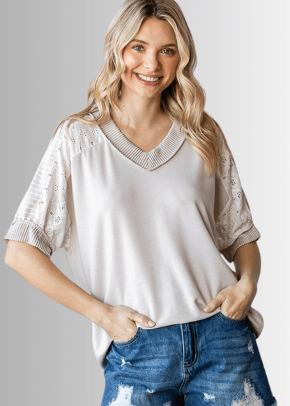 Jenna Mixed Fabric V-Neck Top