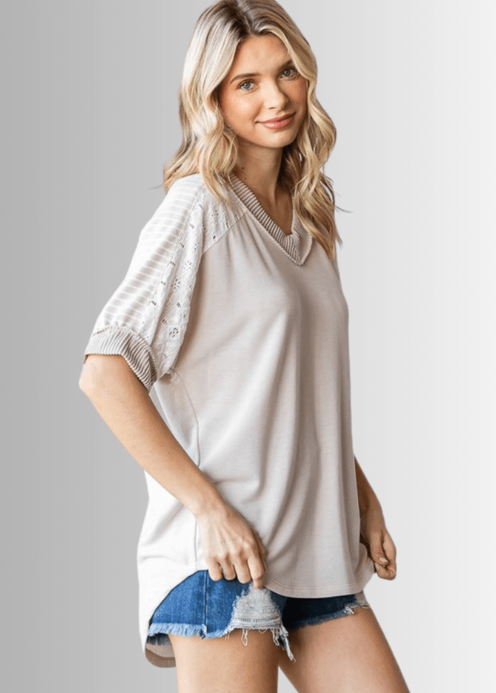 Jenna Mixed Fabric V-Neck Top