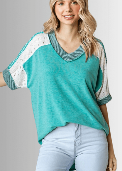 Jenna Mixed Fabric V-Neck Top