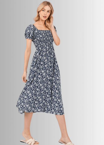 Delilah Navy Floral Smocked Midi Dress