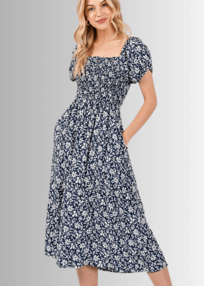 Delilah Navy Floral Smocked Midi Dress