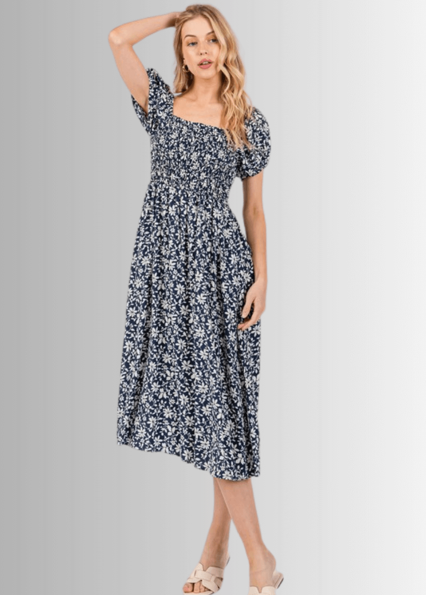 Delilah Navy Floral Smocked Midi Dress