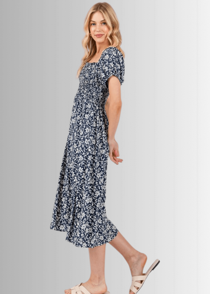 Delilah Navy Floral Smocked Midi Dress