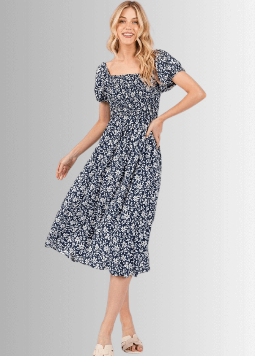 Delilah Navy Floral Smocked Midi Dress