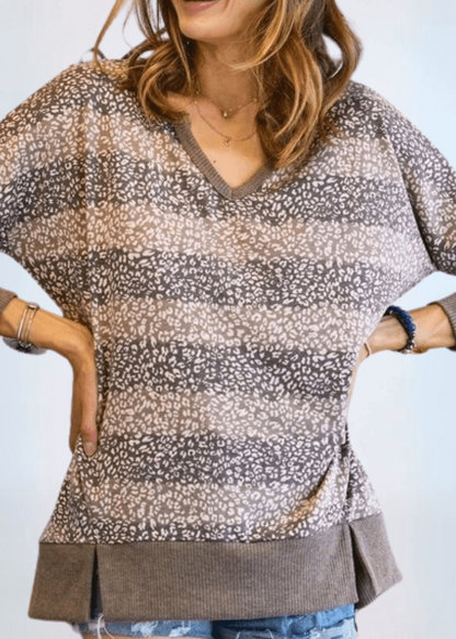 Mixed Pattern V-neck Sweater Top Made in USA