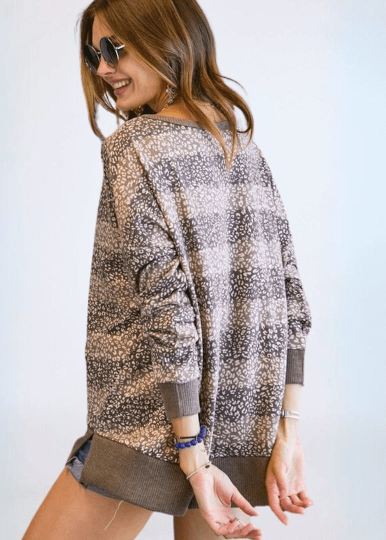 Mixed Pattern V-neck Sweater Top Made in USA