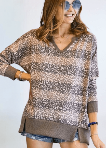 Mixed Pattern V-neck Sweater Top Made in USA