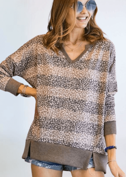 Mixed Pattern V-neck Sweater Top Made in USA