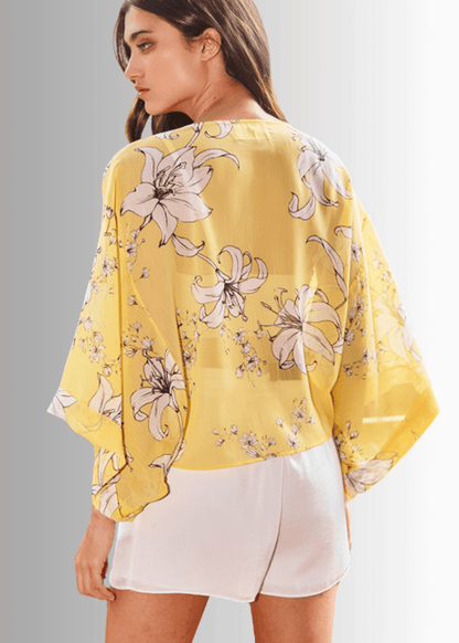 Sheer Floral Tie Front Kimono Cardigan in Yellow