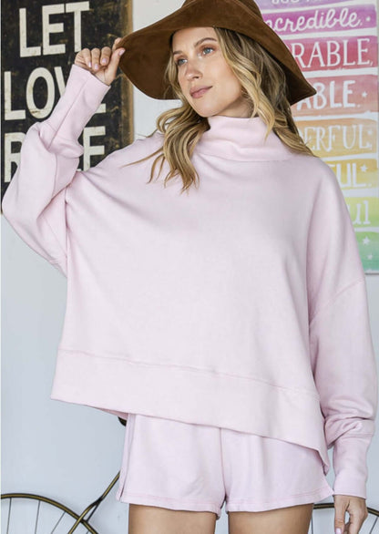 Pale Pink Mock Neck Cotton Terry Sweatshirt- CLEARANCE FINAL SALE