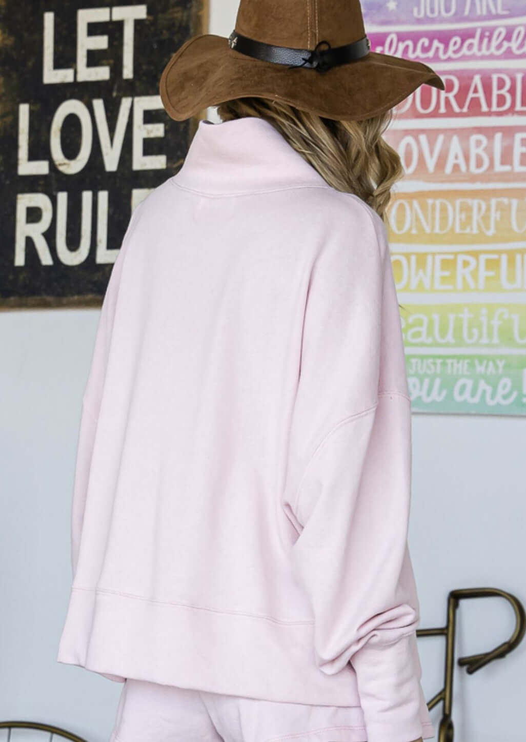 Pale Pink Mock Neck Cotton Terry Sweatshirt- CLEARANCE FINAL SALE