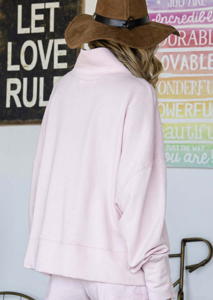 Pale Pink Mock Neck Cotton Terry Sweatshirt- CLEARANCE FINAL SALE
