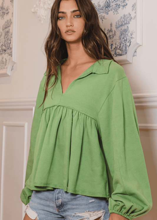 Sage Cotton Bubble Sleeve Sweatshirt - CLEARANCE FINAL SALE