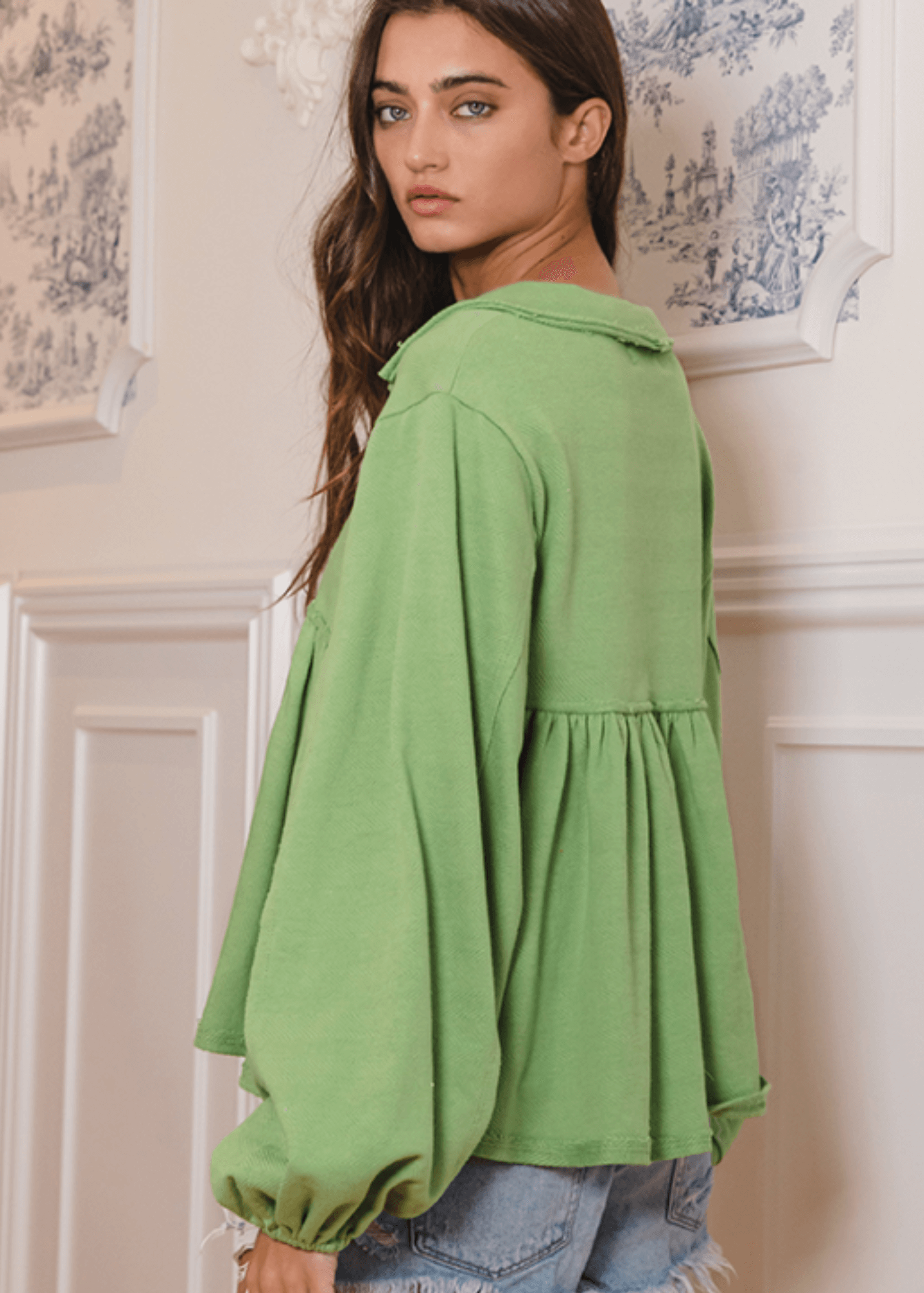 Sage Cotton Bubble Sleeve Sweatshirt - CLEARANCE FINAL SALE