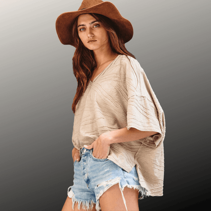 Textured V-Neck Boxy Top Made in USA