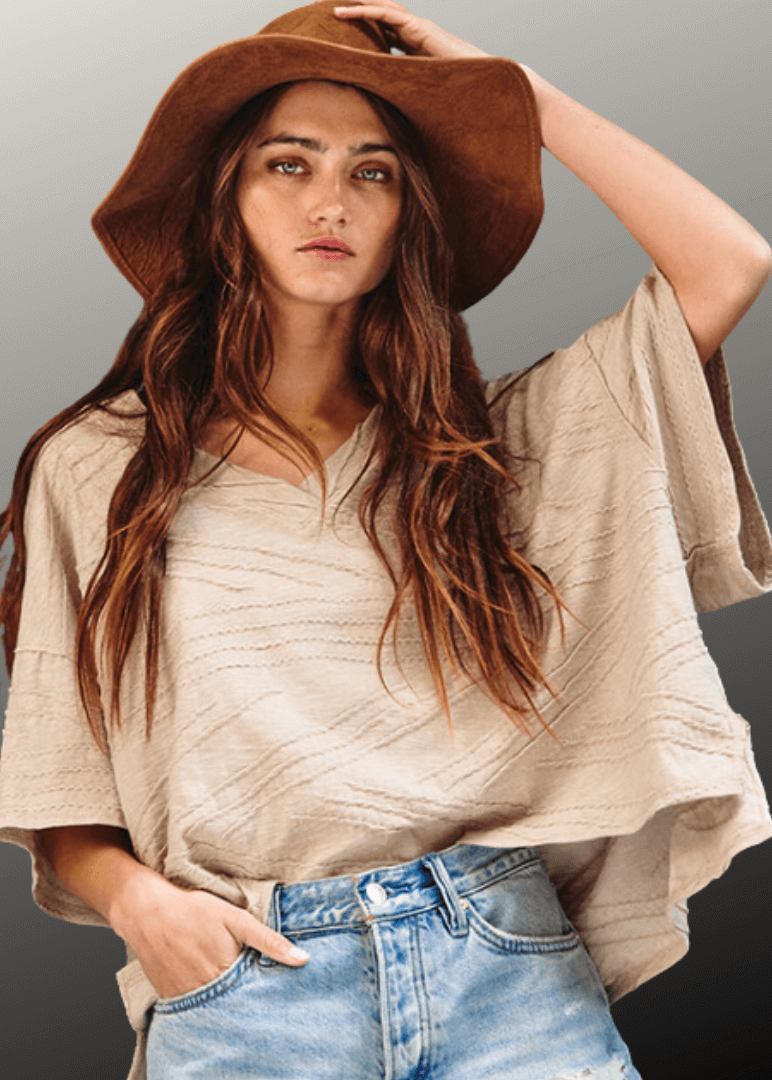 Bucket List Textured V-Neck Boxy Top Made in USA