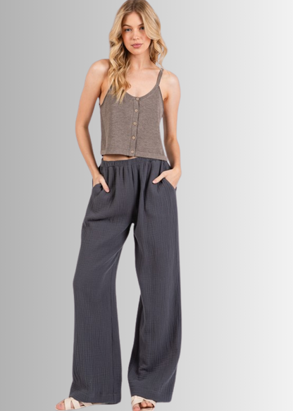 Triple Gauze Cotton Pants in Charcoal Grey