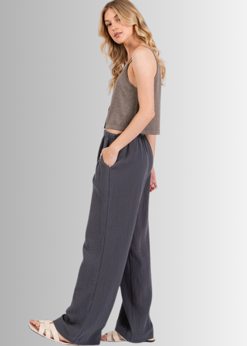 Triple Gauze Cotton Pants in Charcoal Grey