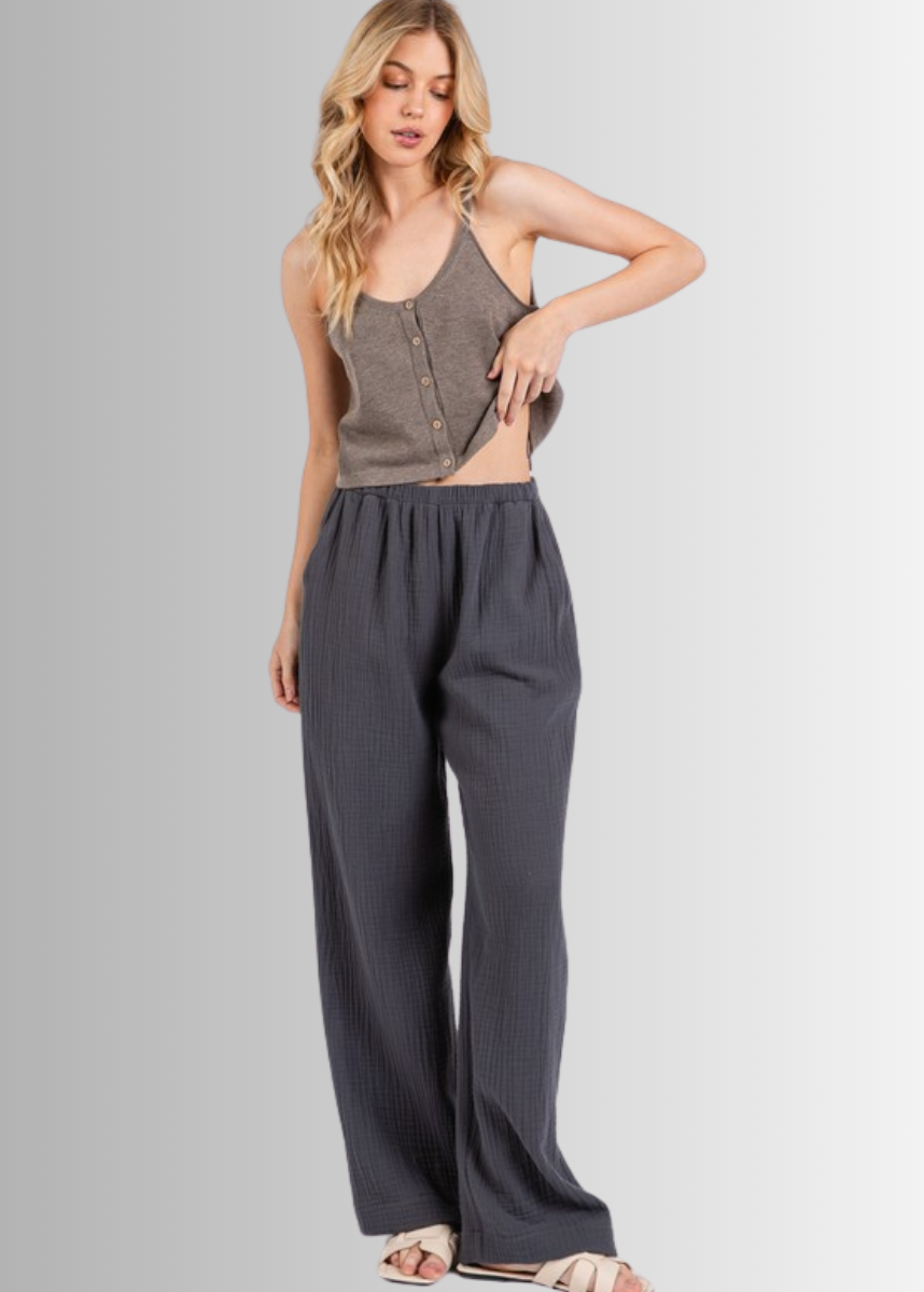 Triple Gauze Cotton Pants in Charcoal Grey