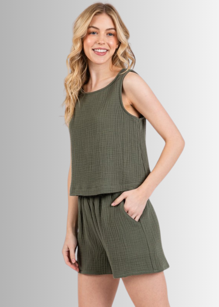 Triple Cotton Gauze Shorts - Olive