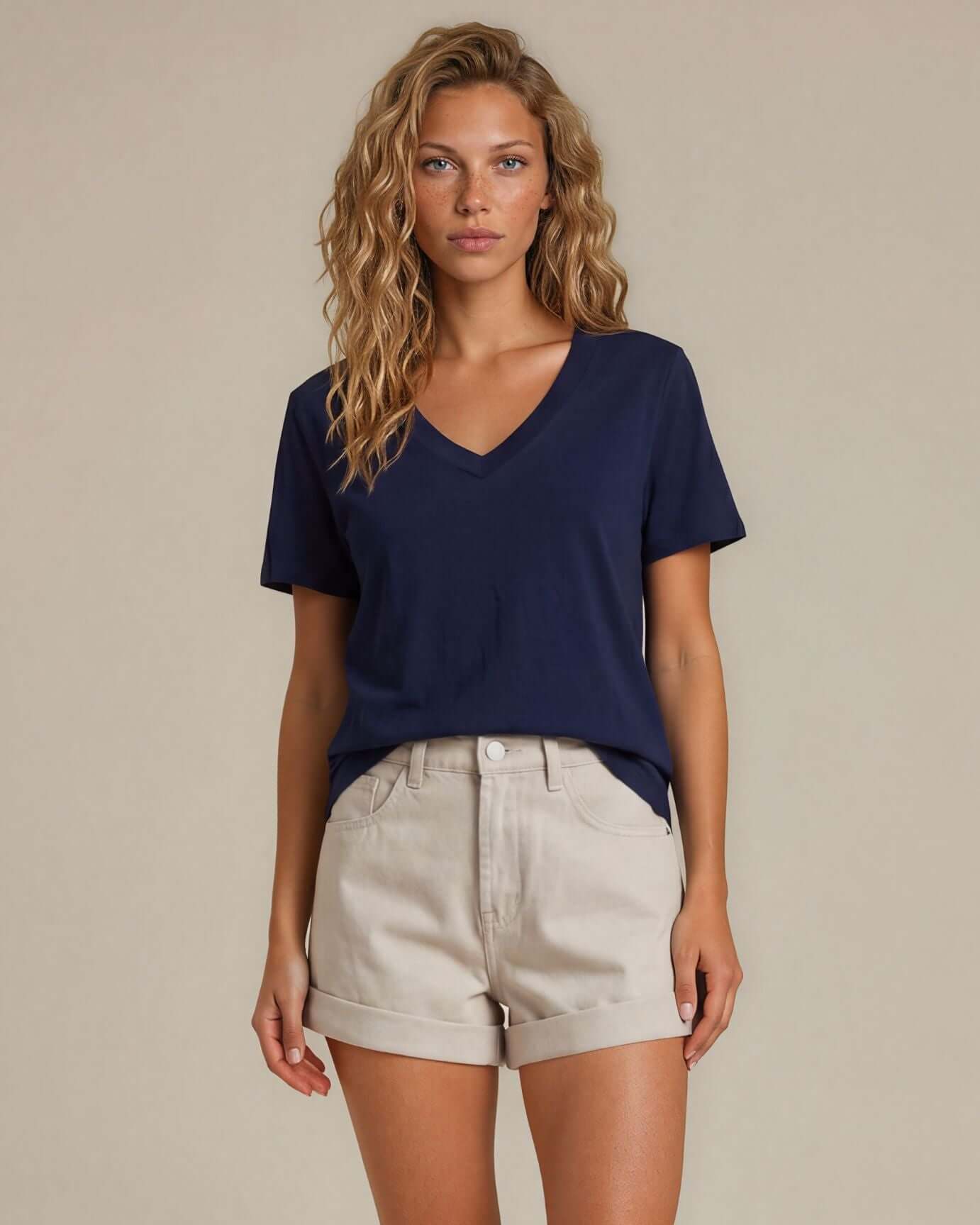 True American Cotton V-Neck Tee - Navy